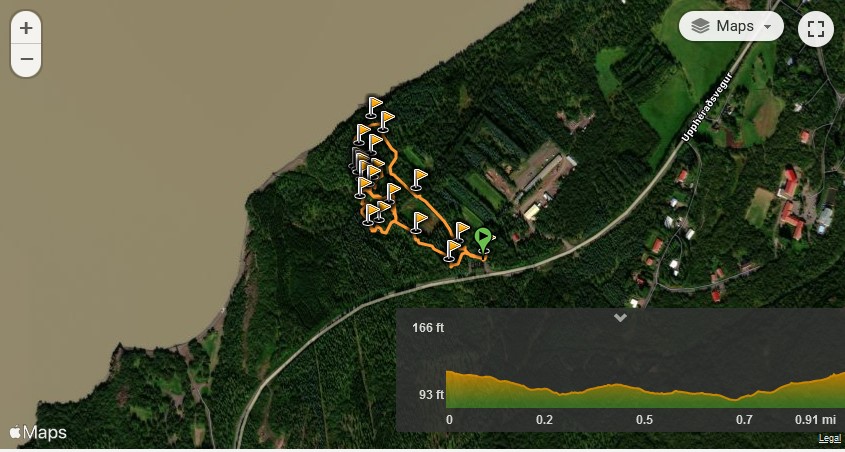 Svona lítur leiðin um Trjásafnið á Hallormsstað út á Wikiloc-vefnum. Smellið á myndina til að sjá leiðina