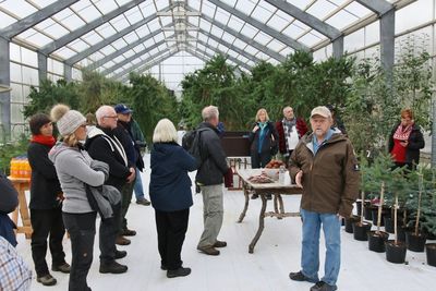 During an excursion, PhD Thröstur Eysteinsson, head of Icelandic Forest Service (facing at right), presented the indoor seed orchard at Vaglir with ongoing tree breeding and seed production projects