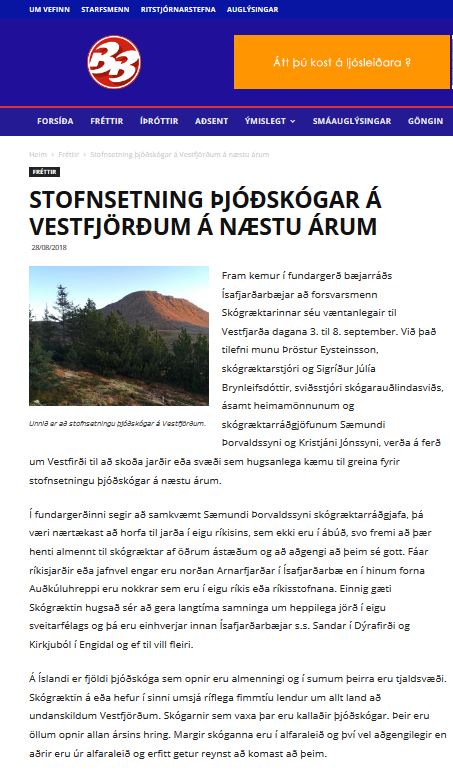 Frétt Bæjarins besta 28. ágúst um þjóðskóg á Vestfjörðum