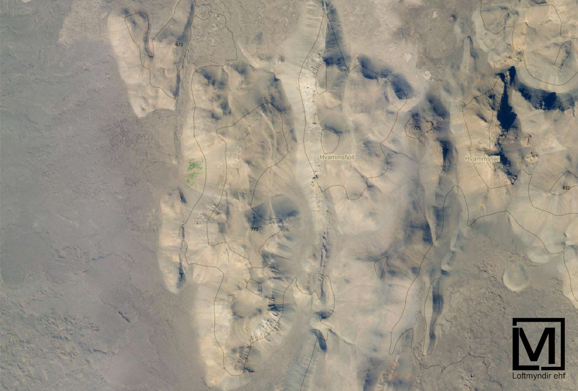 Birkitorfan, mögulega hæsti birkiskógur yfir sjó á Íslandi, sést hér vinstra megin á myndinni, vestast í Hvammsfjöllum. Skjámynd af map.is birtar með leyfi Loftmynda ehf.