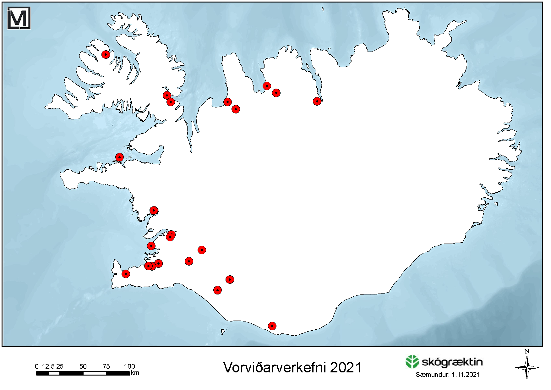 Kort sem sýnir dreifingu þeirra svæða sem gróðursett var í 2021 með styrkjum frá Vorviði. Birt með leyfi Loftmynda Kort sem sýnir dreifingu þeirra svæða sem gróðursett var í 2021 með styrkjum frá Vorviði. Birt með leyfi Loftmynda
