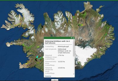 Skjámynd af Íslandskorti úr Skóglendisvefsjá Skógræktarinnar