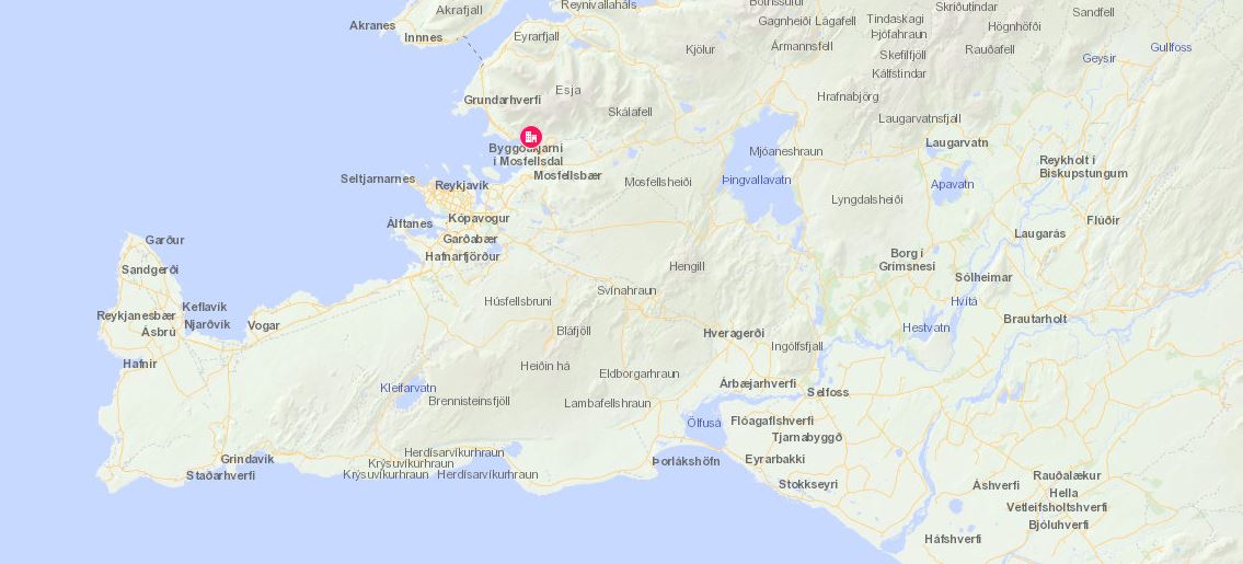 Map showing the location of Mógilsá is SW-Iceland