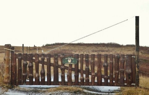 Þetta fallega hlið er úr heimafengnu timbri. Á skiltinu stendur: Giljaland - skógræktarbýli.