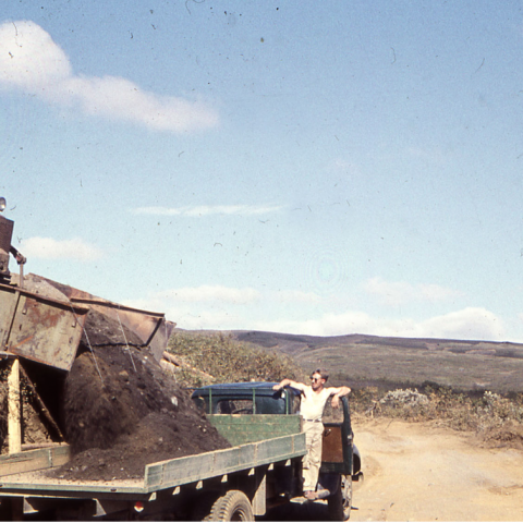 Mokað á vörubíl við vegagerð í Haukadal Biskupstungum  um 1960.  Hér er nýbúið að sleppa allri vinnu með haka, skóflu og hjólbörum og tæknin tekin við