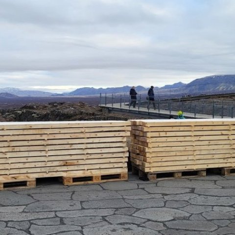 Stæða af timbri úr Haukadalsskógi komin á Þingvöll. Ljósmynd: Þjóðgarðurinn á Þingvöllum