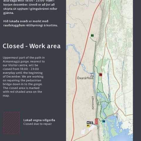 Upplýsingaskilti um lokanir vegna framkvæmdanna. Mynd: Þjóðgarðurinn á Þingvöllum