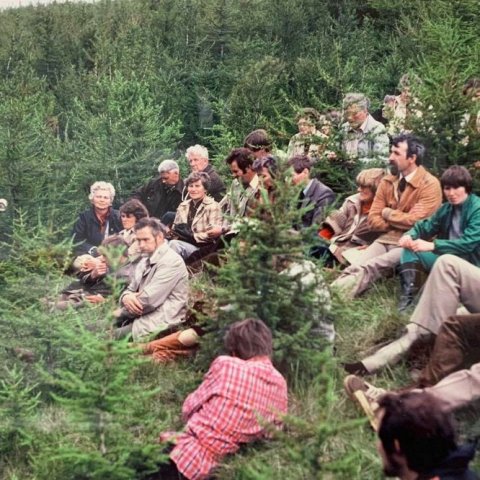 Jónas Pétursson, fyrrum þingmaður og einn af hvatamönnum nytjaskógræktar, talar á 10 ára afmæli bændaskógræktar í Víðivallaskógi árið 1980. Mynd: Sigurður Blöndal - myndasafn Skógræktarinnar