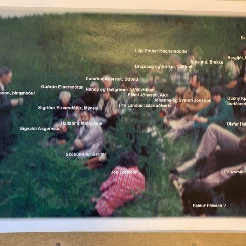 Hér má glöggva sig á nöfnum viðstaddra á 10 ára afmælinu í Víðivallaskógi 1980. Ljósmynd: Sigurður Blöndal - myndasafn Skógræktarinnar