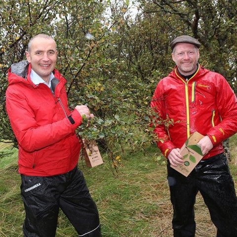 Guðni Th. Jóhannesson, forseti Íslands, ásamt Guðmundi Inga Guðbrandssyni, umhverfis- og auðlindaráðherra við frætínslu á Bessastöðum í dag. Ljósmynd: Áskell Þórisson