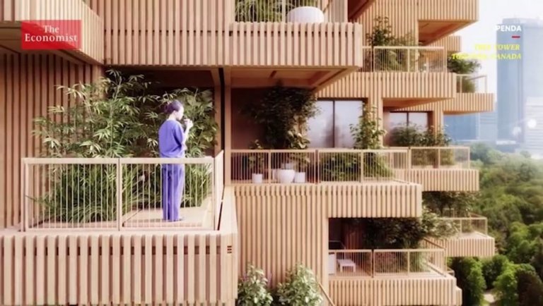 Andrew Waugh, annar tveggja stofnenda arkitektastofunnar Waugh Thistleton í Lundúnum, telur að reisa ætti allar byggingar úr timbri. Hann spáir því að litið verði á stál og steinsteypu svipuðum augum og við erum farin að líta á bensín og díselolíu nú, sem efni fortíðarinnar. Skjámynd úr myndbandi The Economist.