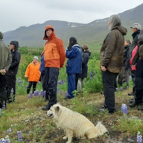 Hofi tengjast margar þjóðsögur. Hér stendur Jón ofan á álfasteini sem Þórbergur Þórðarson sat eitt sinn við og taldi sig heyra í álfum innan úr. Dyngjuna í bakgrunni mátti ekki slá því þá var sagt að bestu kýrin dræpist eða sonurinn á bænum veiktist. Þar 