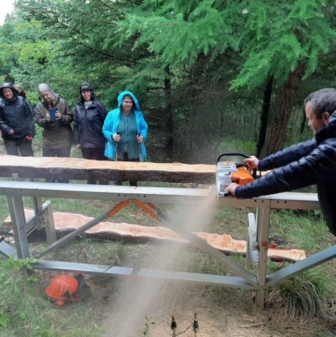 Jón á Hofi sagar trjábol í borð á augabragði. Ljósmynd: Laufey Leifsdóttir