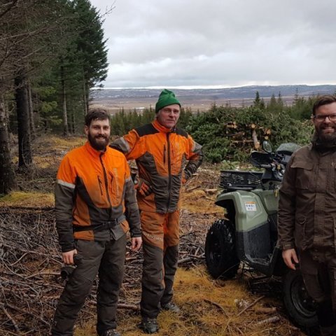 Níels Magnússon og Einar Óskarsson, starfsmenn Skógræktarinnar til vinstri ásamt Trausta skógarverði. Skógarhöggsmenn fara á undan höggvélinni eftir þörfum með keðjusög til að auðvelda grisjunina. Ljósmynd: Hreinn Óskarsson