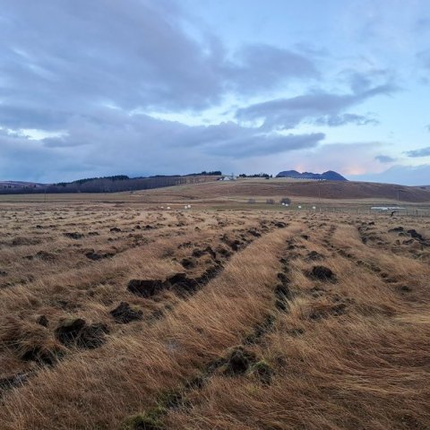 Séð í átt til Kollabæjar og glittir í Þríhyrning handan hæðarinnar. Ljósmynd: Valgerður Erlingsdóttir