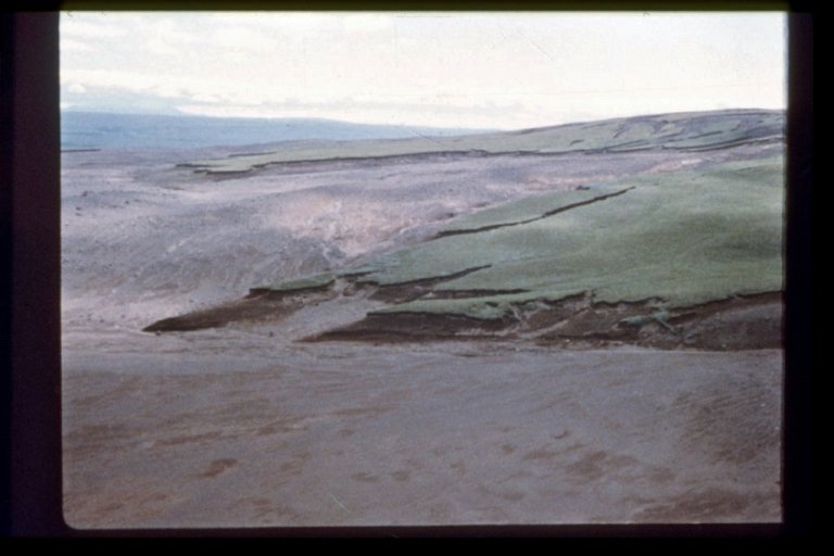 Þessi mynd úr safni Hákonar Bjarnasonar sýnir vel mörk gróins lands og blásins í landi Haukadals. Friðunin ein hafði mikið að segja um að eyðingin var stöðvuð en með öflugri uppgræðslu og skógrækt hefur ástand landsins gjörbreyst.
