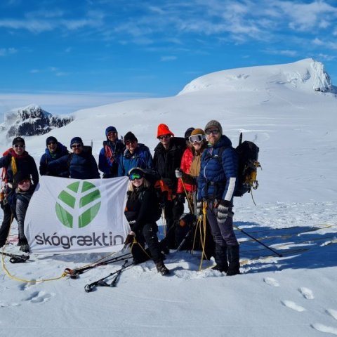 Gönguhópurinn með fána Skógræktarinnar. Hvannadalshnúkur í baksýn. Ljósmynd: Elísabet Atladóttir