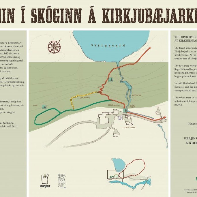 Skilti með korti og upplýsingum sem sett var upp í skóginum á Kirkjubæjarklaustri sumarið 2013
