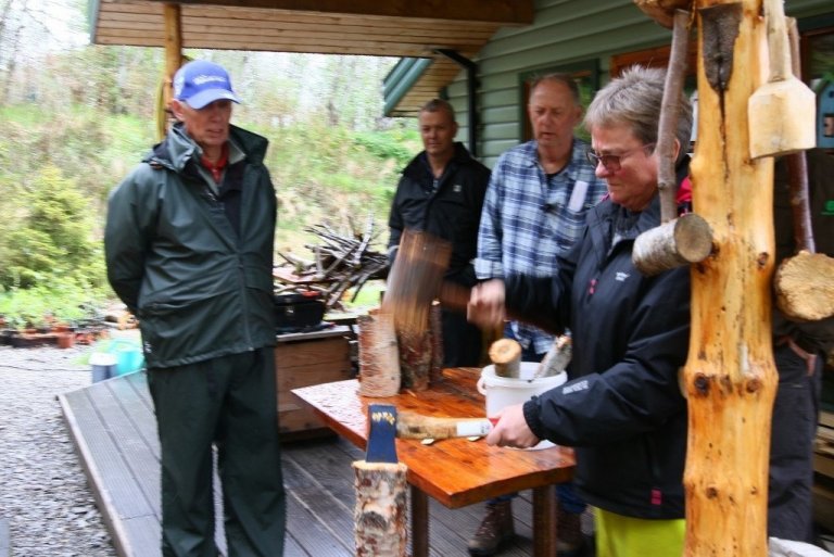Sigríður Jónína Sigurfinnsdóttir, skógarbóndi í Hrosshaga, sýnir tilþrif við eldiviðarhögg. Hjá henni standa Björn B. Jónsson, Björgvin Eggertsson og Ólafur Oddsson.