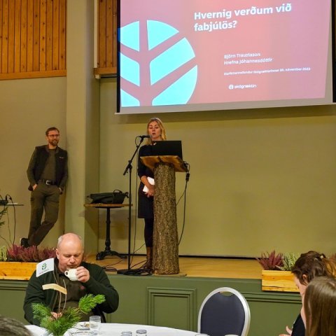 Björn Traustason, verkefnastjóri landupplýsinga, og Hrefna Jóhannesdóttir, sviðstjóri skógarþjónustu, töluðu um framtíðarsýn í skógrækt.