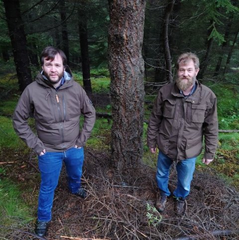 Jón Auðunn og Valdimar við tré sem gæti verið móðurtré sjálfsáðu plantnanna. Ljósmynd: Jón Auðunn Bogason