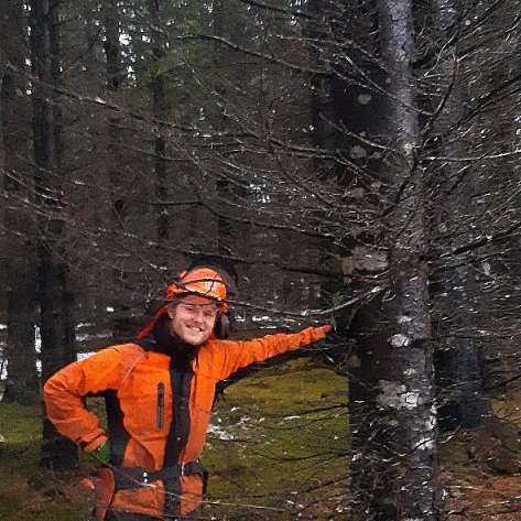 Frederik Zell Reimers skógarnemi við tréð áður en það var fellt Ljósmynd: Jóhannes H. Sigurðsson