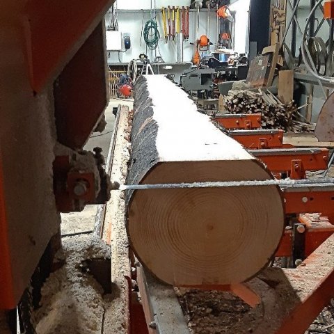 Fyrsti plankinn sagaður úr bolnum. Ljósmynd: Jóhannes H. Sigurðsson