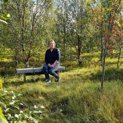 Og sextán árum frá gróðursetningunni lítur lundurinn svona út og Svanhvít sest á bekk. Ljósmynd: Benedikt Benediktsson