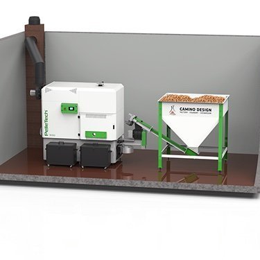 Skýringarmynd sem sýnir viðarkyndingu vinstra megin og síló með sjálfvirkri mötun á viðarperlum til hægri. Mynd: PelleTech