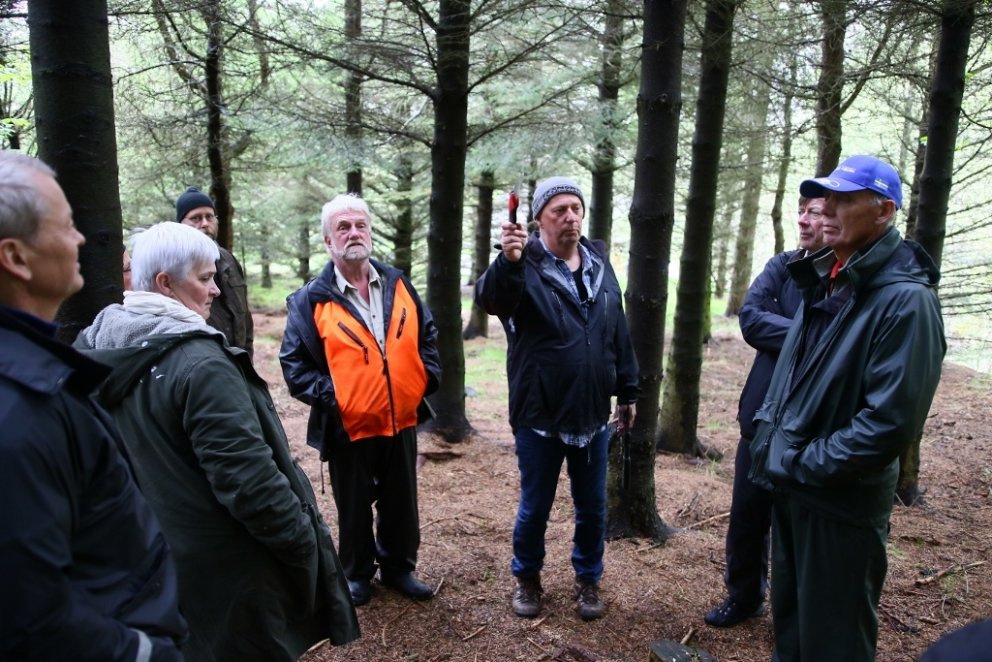 Hér er hópurinn í þrjátíu ára sitkagrenilundi þar sem upplagt er að sýna fólki ýmsa skógarumhirðu sv…