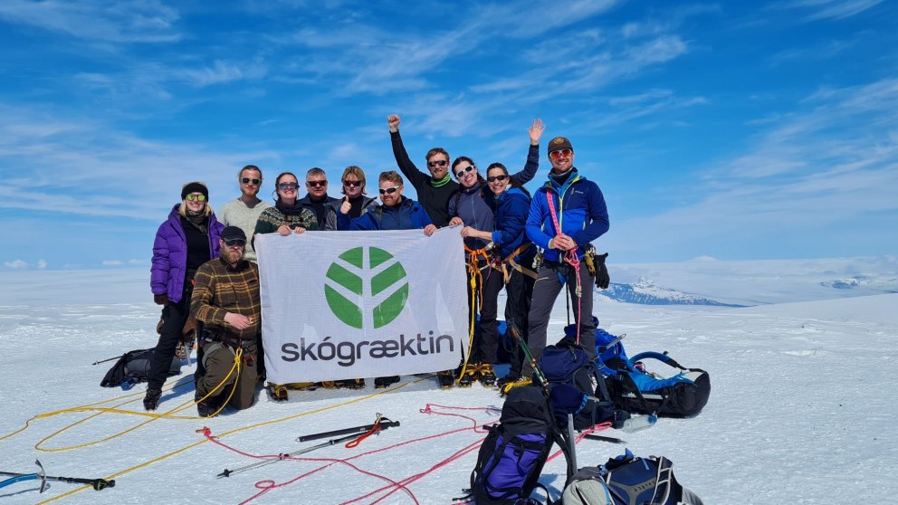 Fulltrúar Skógræktarinnar á Hvannadalshnúki, glaðir og reifir, eftir níu tíma göngu á tindinn í sól …