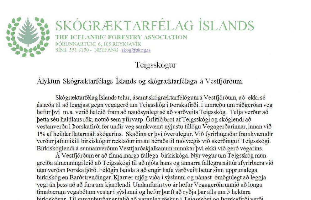 Skógræktarfélög senda ályktun um Teigsskóg