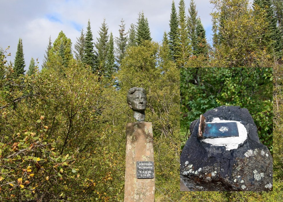 Brjóstmyndin af Þorsteini Valdimarssyni í Trjásafninu Hallormsstað. Á innfelldu myndinni má sjá hver…