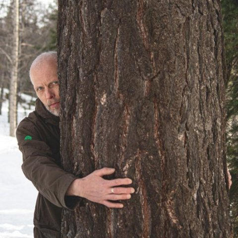 A tree-hugging photo of one of the Icelandic Forest Service forest workers Bjarki Sigurðsson, sparke…