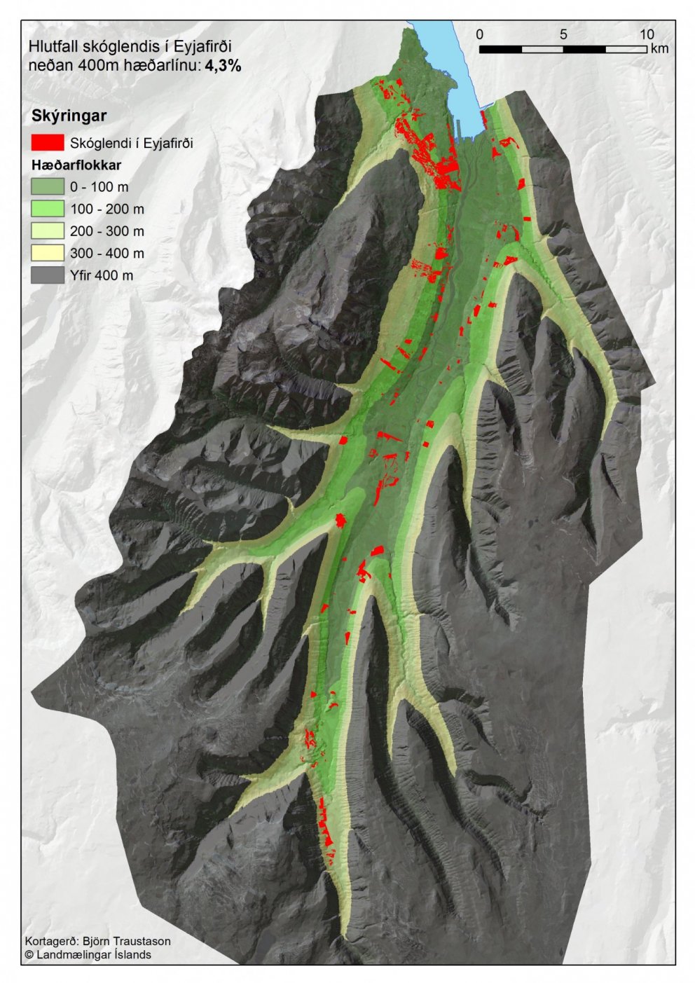 Kort af Akureyri og Eyjafjarðarsveit sem sýnir skógarþekju þar 2013
