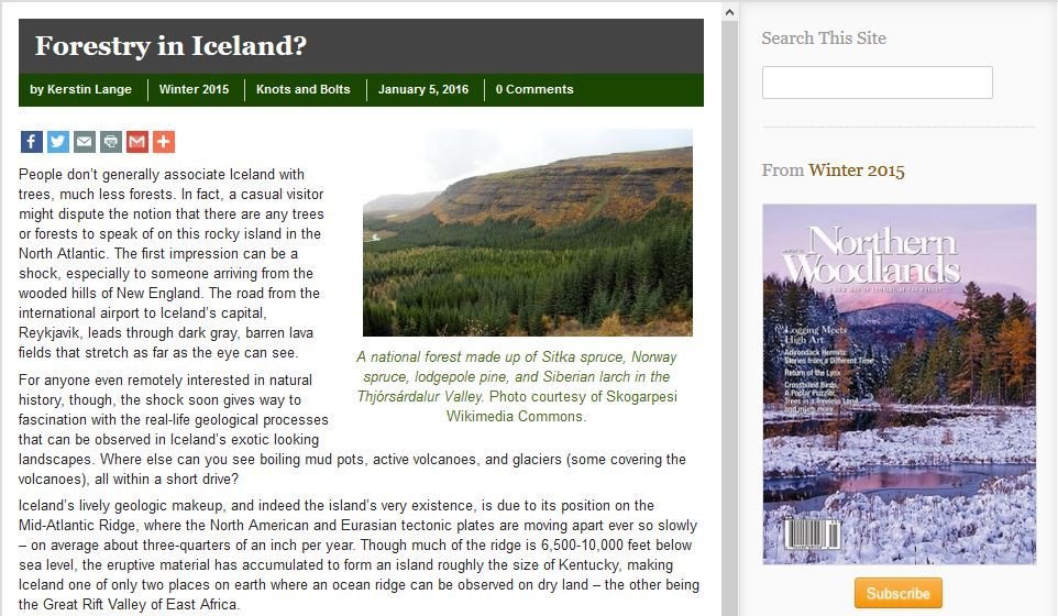 Grein um skógrækt á Íslandi í Northern Woodlands