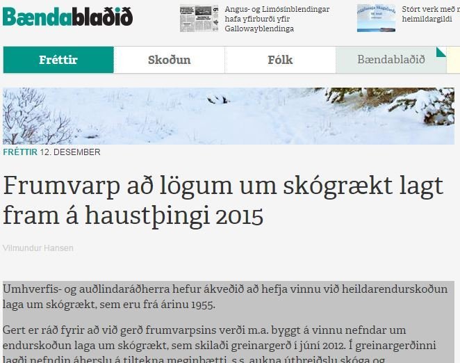 Frumvarp um ný skógræktarlög lagt fram á haustþingi 2015