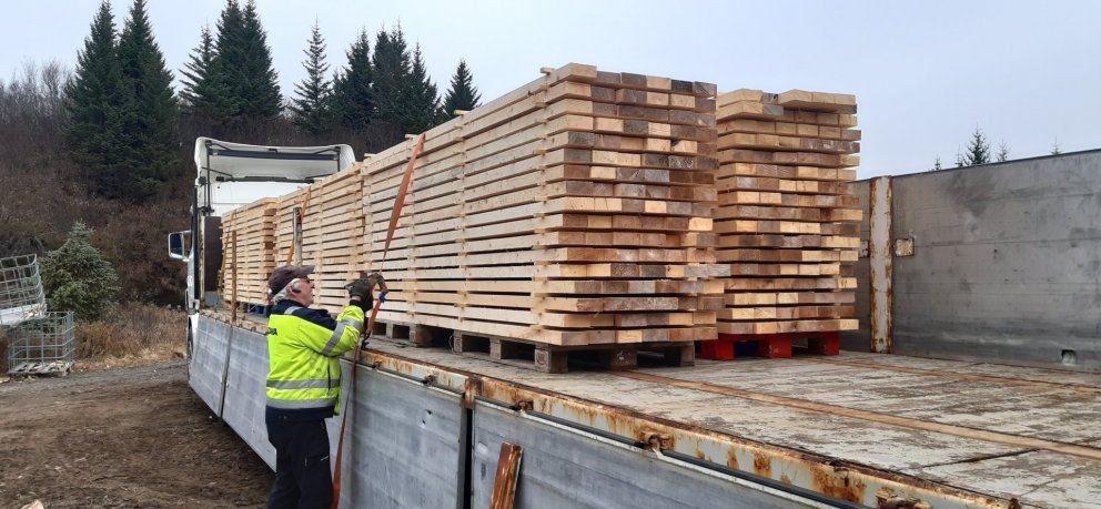 Flutningabíll fermdur með greni sem aflað var í Haukadal og sagað í starfstöð Skógræktarinnar í Þjór…