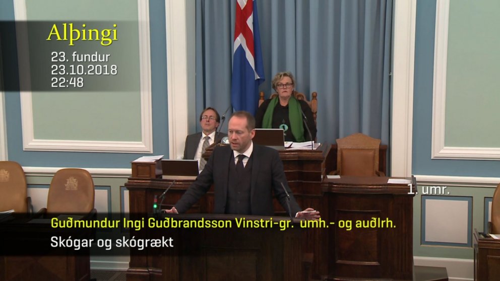 Ráðherra mælir fyrir frumvarpi um ný lög um skóga og skógrækt á Alþingi í gærkvöld. Skjámynd af uppt…