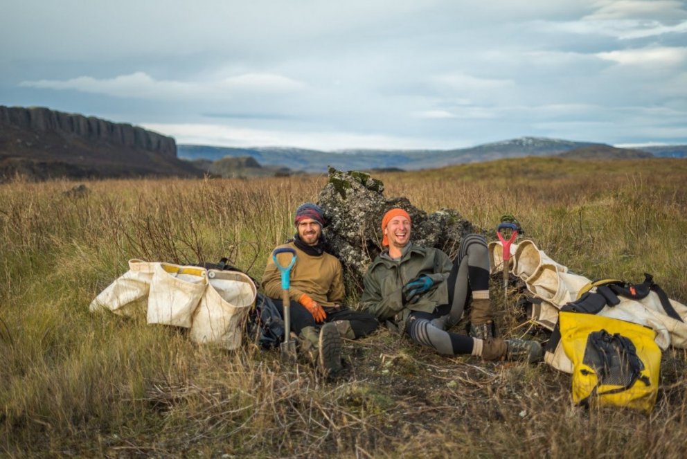 Happy tree planters during a brake in a degraded area which now will start to return to native Icela…