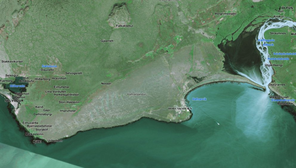 Gervitunglamynd sem sýnir Hafnarsand í Ölfusi. Skjámynd úr Örnefnasjá Landmælinga Íslands