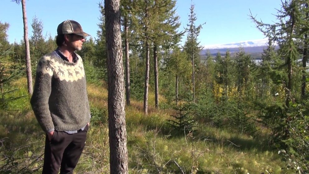 Lárus Heiðarsson í vel hirtum skógi sínum á Droplaugarstöðum Fljótsdal. Skjámynd úr myndbandinu „Hir…