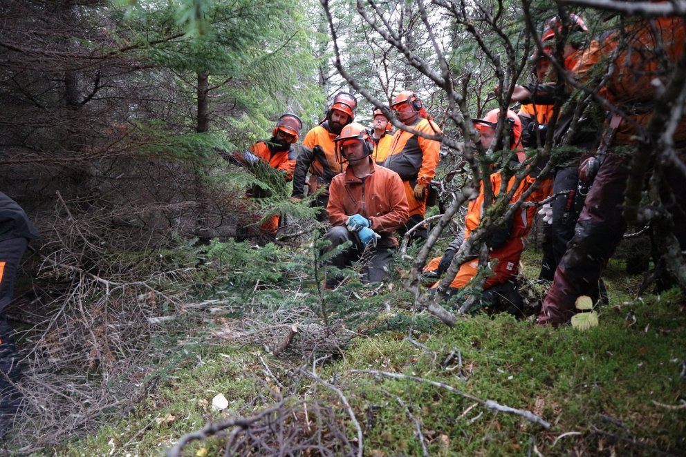 Hluti þátttakenda á námskeiðinu slakar á milli tarna í skóginum. Ljósmynd: Sævar Hreiðarsson