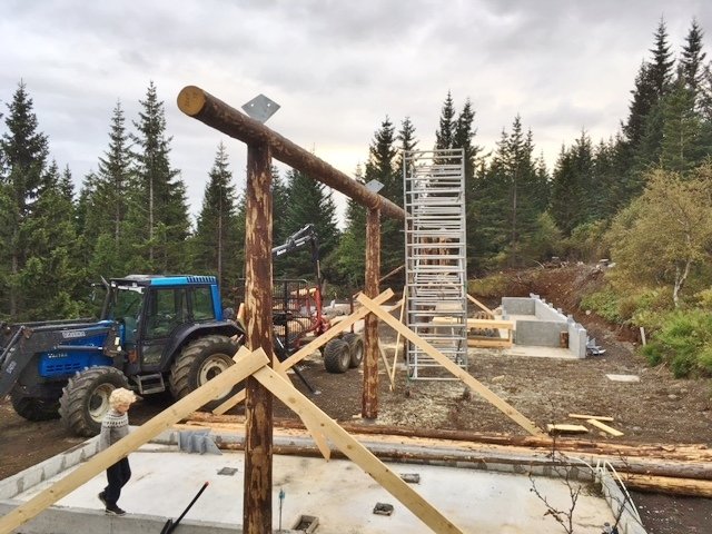 Myndarlegir sitkagrenibolir úr Haukadalsskógi bera uppi þjónustuhúsið sem nú rís í Laugarvatnsskógi.