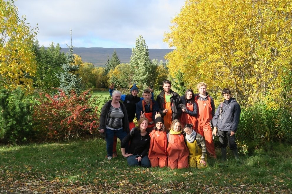 Sjálboðaliðahópurinn ásamt starfsfólki Skógræktarinnar á fallegum haustdegi í Hallormsstaðaskógi.