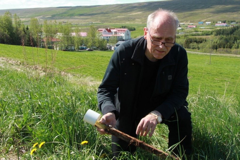 Þorbergur Hjalti tekur upp hæl úr grasmóanum. Laugar í Reykjadal í baksýn