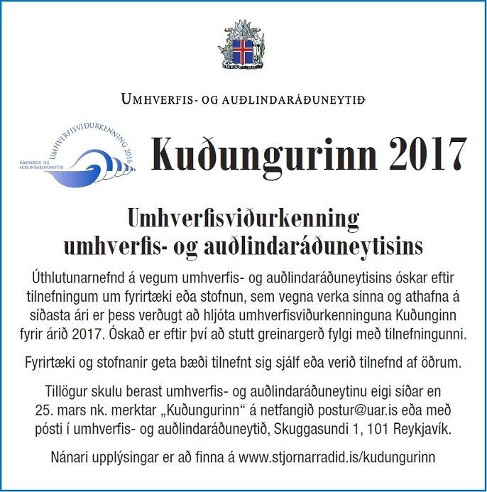 Óskað eftir tilnefningum til Kuðungsins