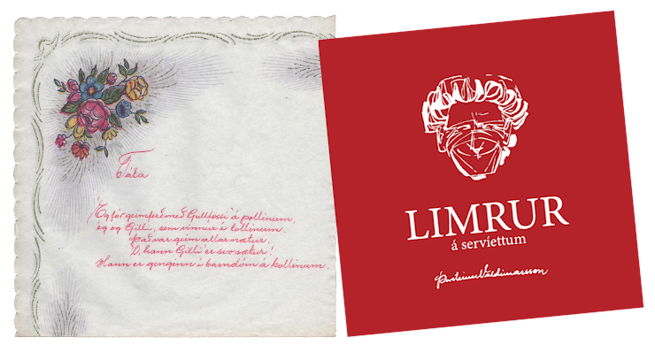 Ein af servíettum Þorsteins Valdimarssonar og forsíða væntanlegrar bókar