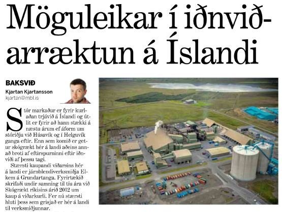 Mynd af hluta greinar í Morgunblaðinu 18. jan. 2014 um möguleika í iðnviðarræktun