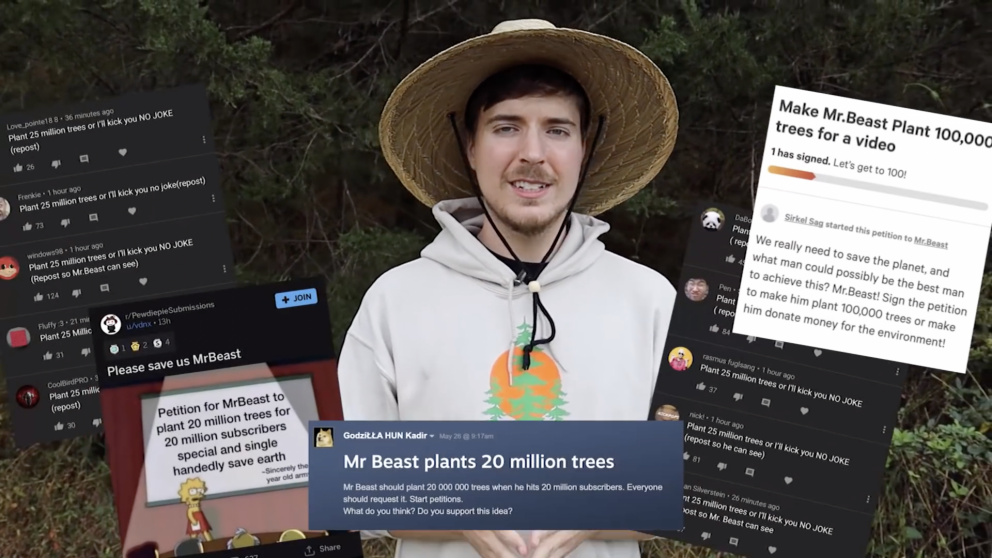 „Jútjúberinn“ Mr Beast tók áskorun fylgjenda sinna að gróðursetja tuttugu milljónir trjáa þegar tala…